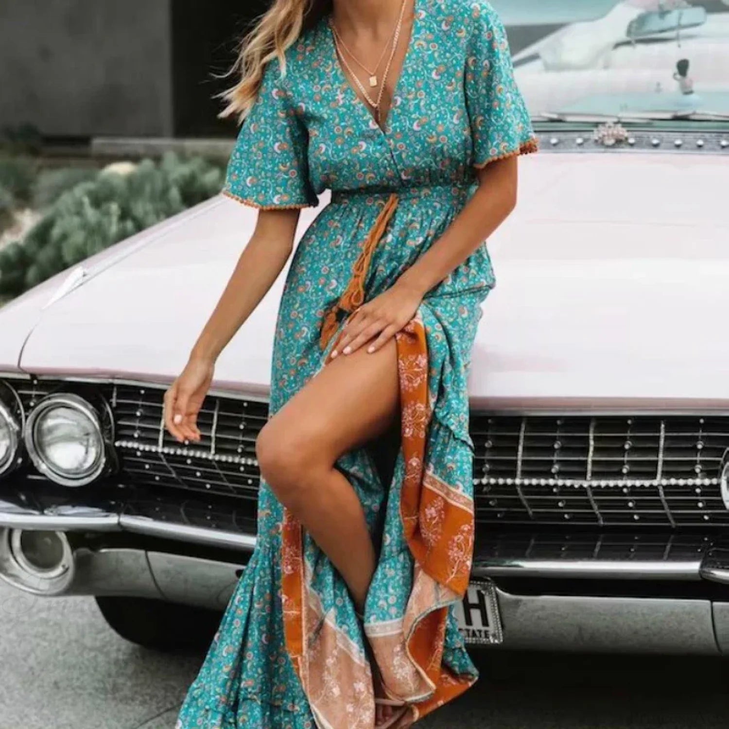Floral Print Tassel V-neck Rayon Cotton Maxi Boho Dress bohodress-250126