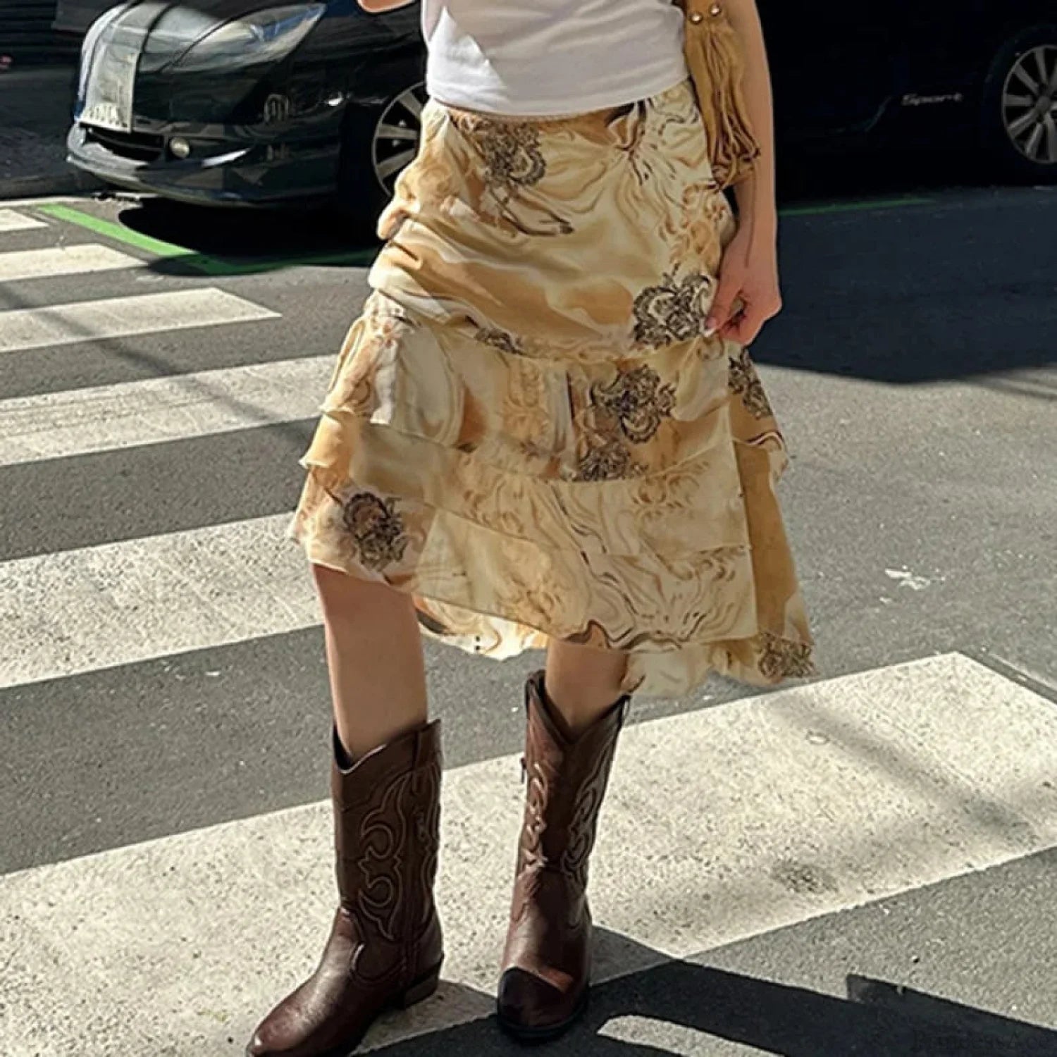 Floral Print Tiered A-Line Midi Skirt skirt-250126