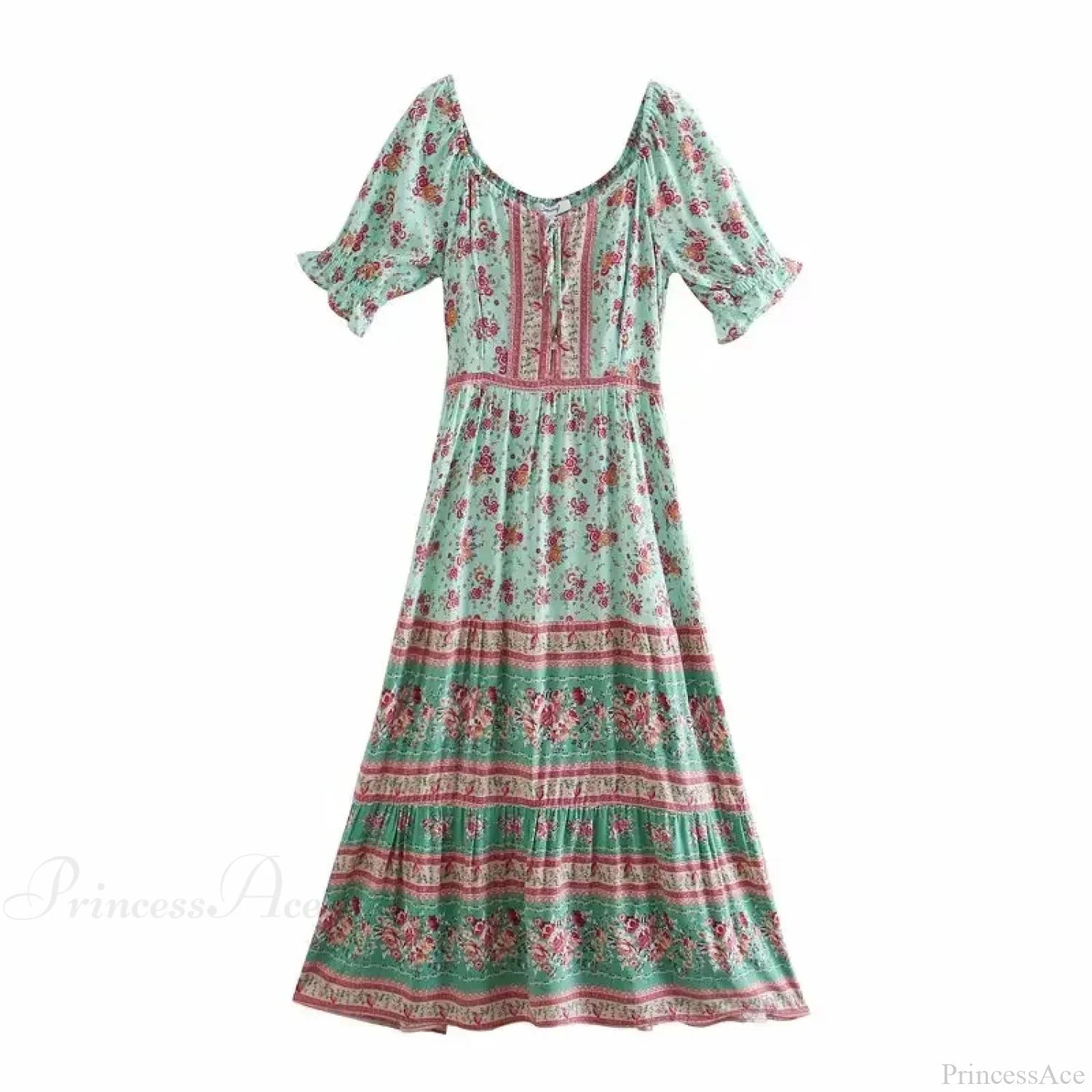 Floral Print V-neck Button Pleated Rayon Boho Dress GREEN / S bohodress-250126