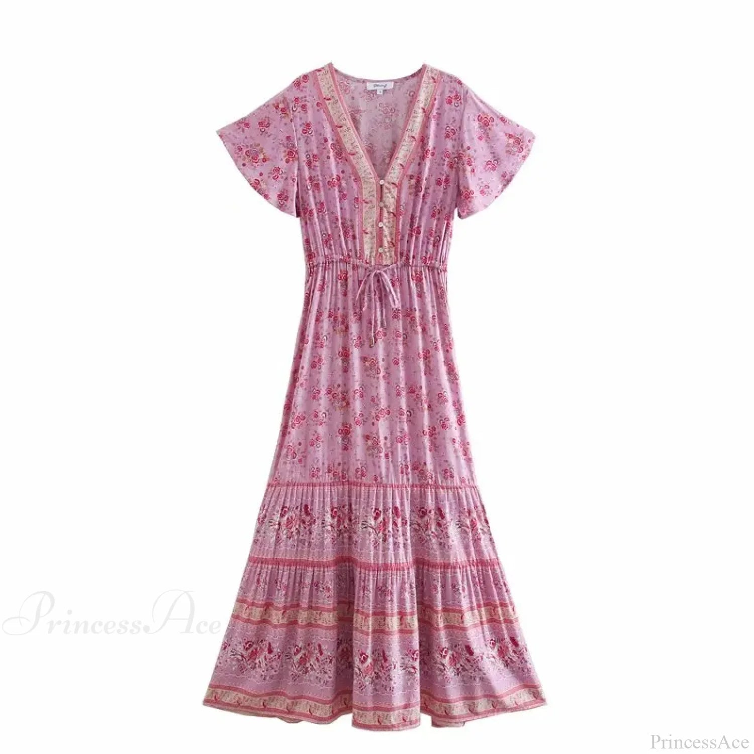 Floral Print V-neck Button Pleated Rayon Boho Dress PINK2 / S bohodress-250126