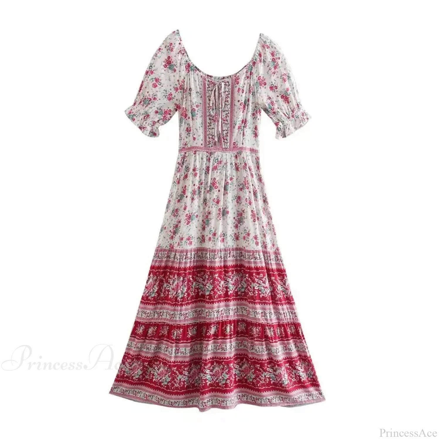 Floral Print V-neck Button Pleated Rayon Boho Dress PINK2 / S bohodress-250126
