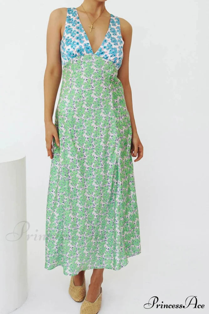 Floral Print V Neck Dress With Contrast Detail And Tie-Back Blue Green / M Midi Dresses