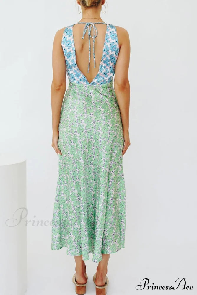 Floral Print V Neck Dress With Contrast Detail And Tie-Back Blue Green / Xl Midi Dresses