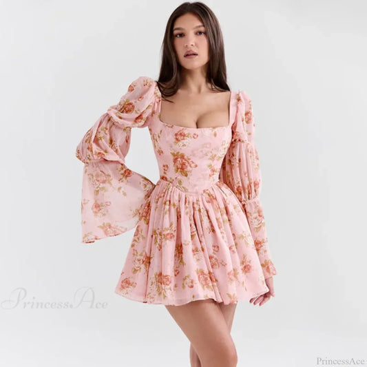 Floral Print Waist Wrap A-line Vacation Dress pink / S vacationdress-250223