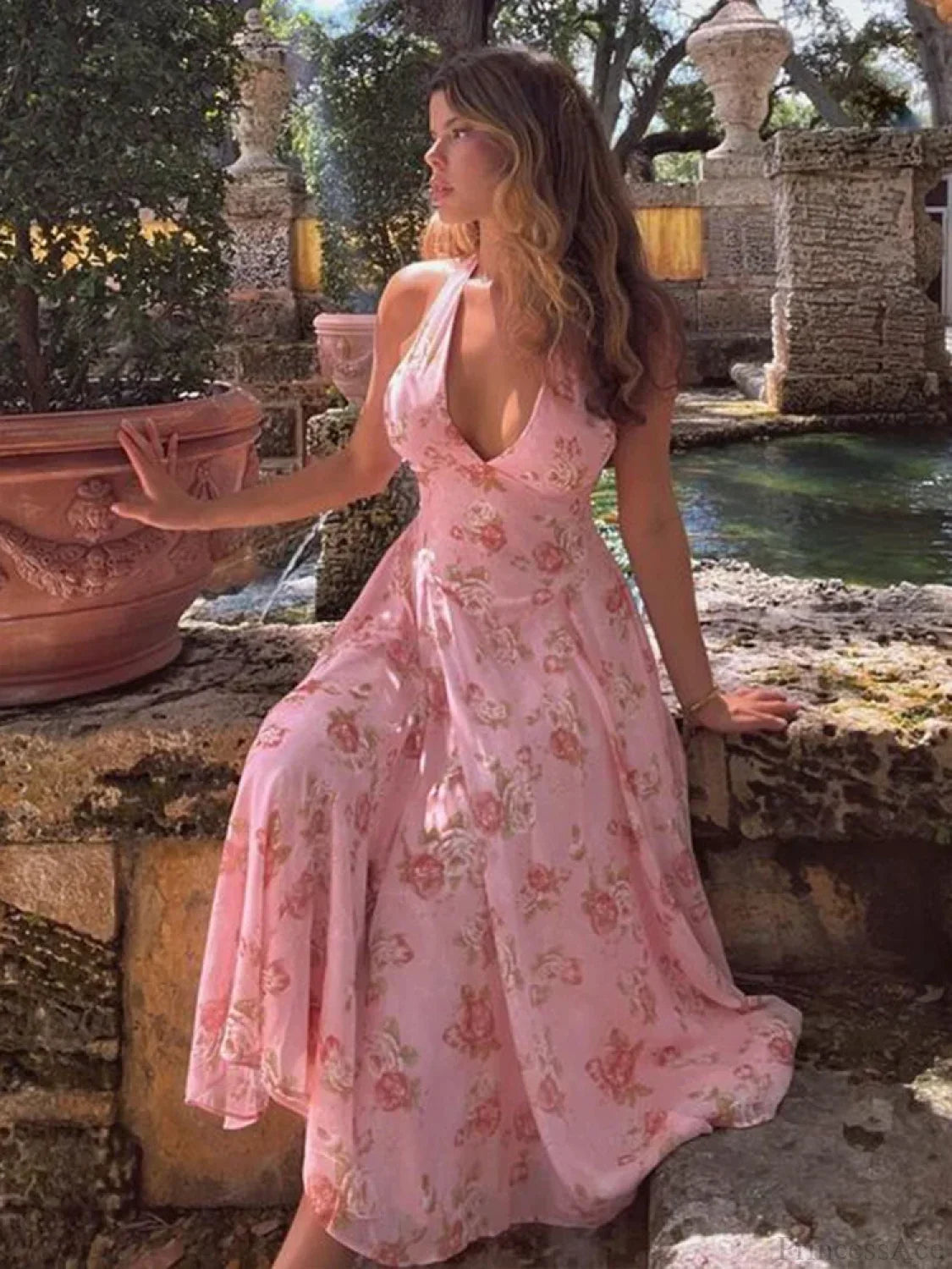 Floral Print Waist Wrap A-line Vacation Dress vacationdress-250223