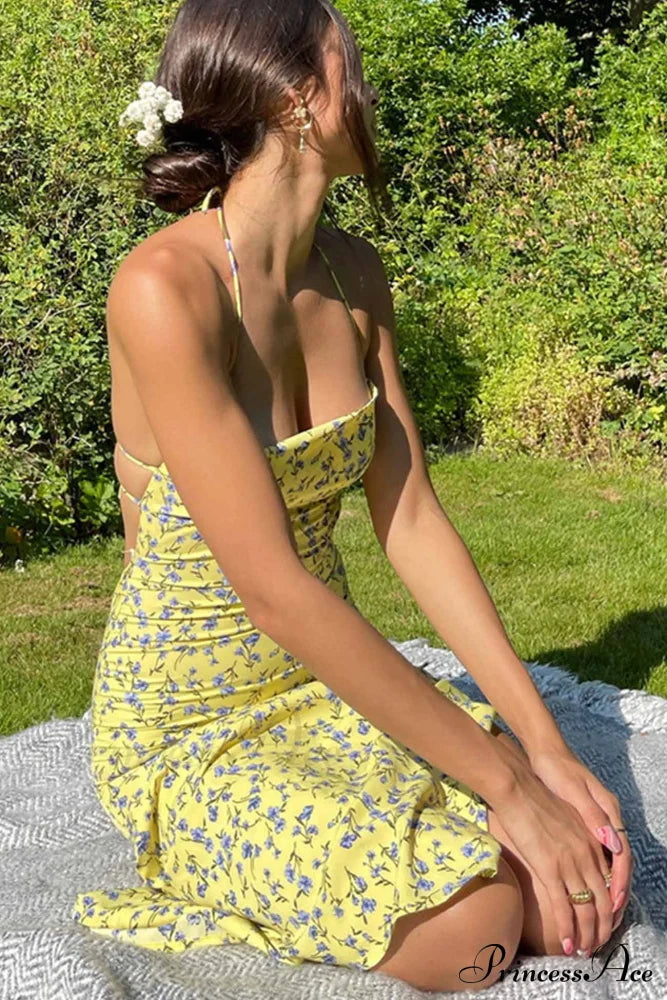 Floral Print Yellow Tie-Back Slit Dress / S Midi Dresses