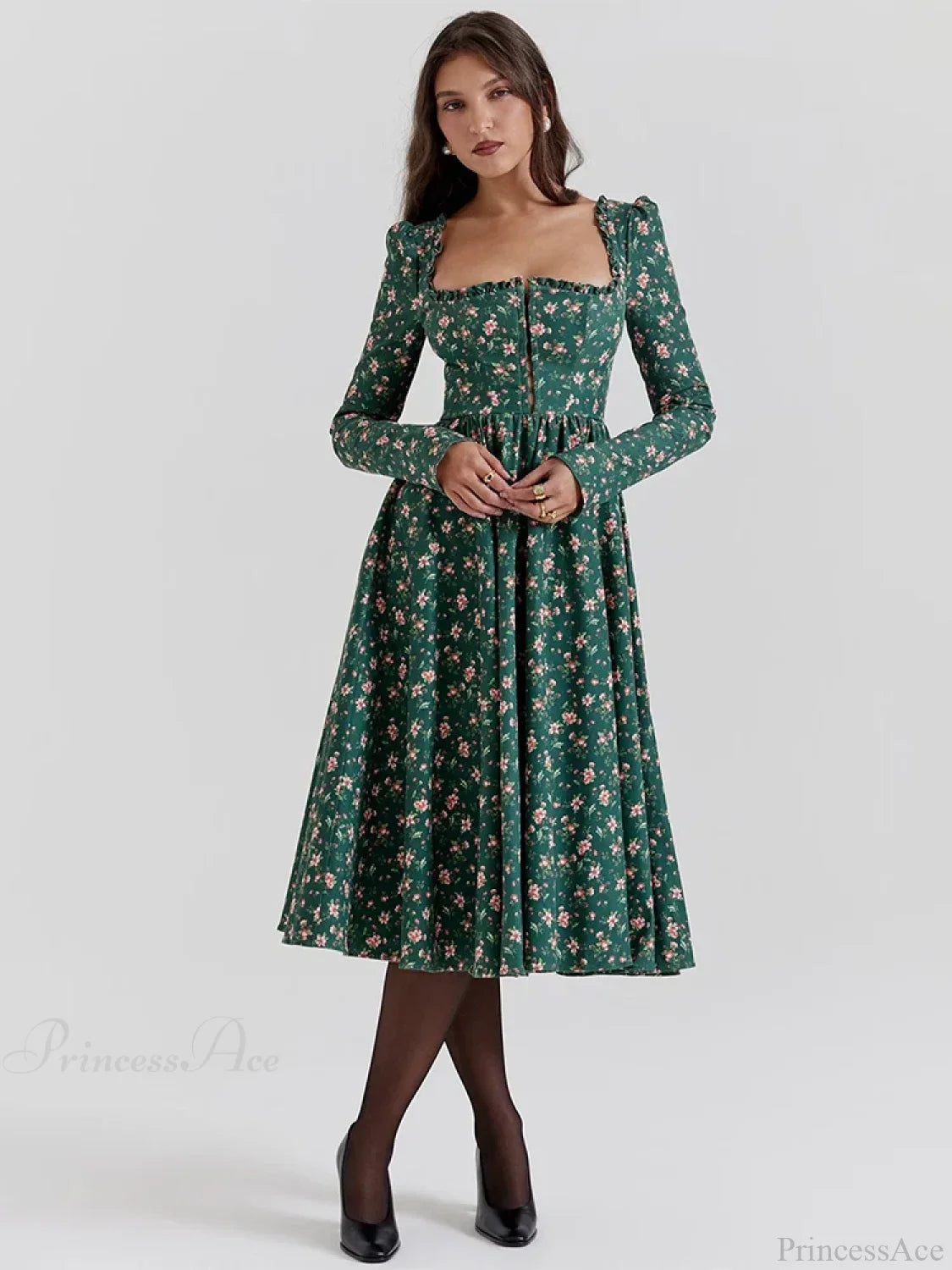 Floral Printed Backless Square Neck Midi Floral Dress Green / S floraldress-250126