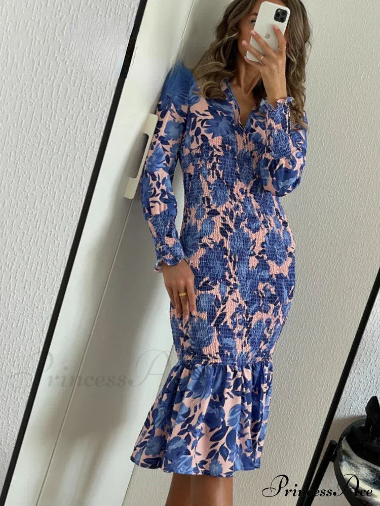 Floral Puff Sleeve Maxi Dress Blue / S