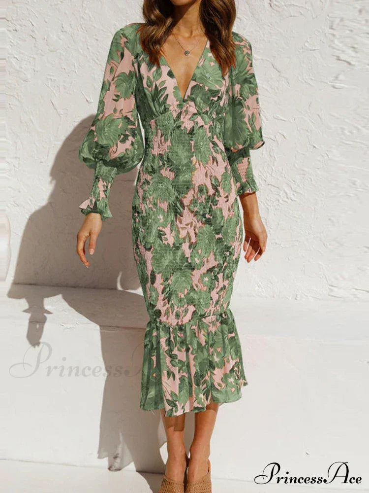 Floral Puff Sleeve Maxi Dress Green / S