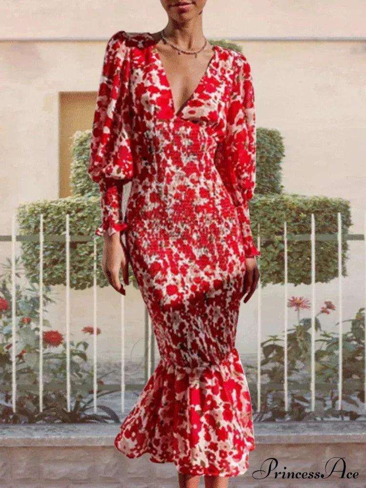 Floral Puff Sleeve Maxi Dress Red / S