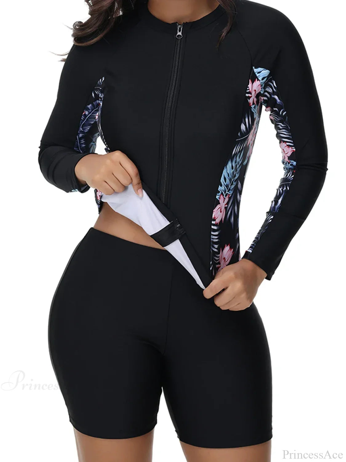 Floral Rashguard Surf Suit Two Piece Set Purple Leaves / S