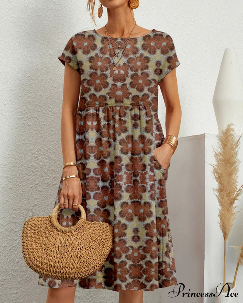 Floral Print Round Neck Dress Brun 23BF Casual Dresses Clothes Dresses Spring Summer