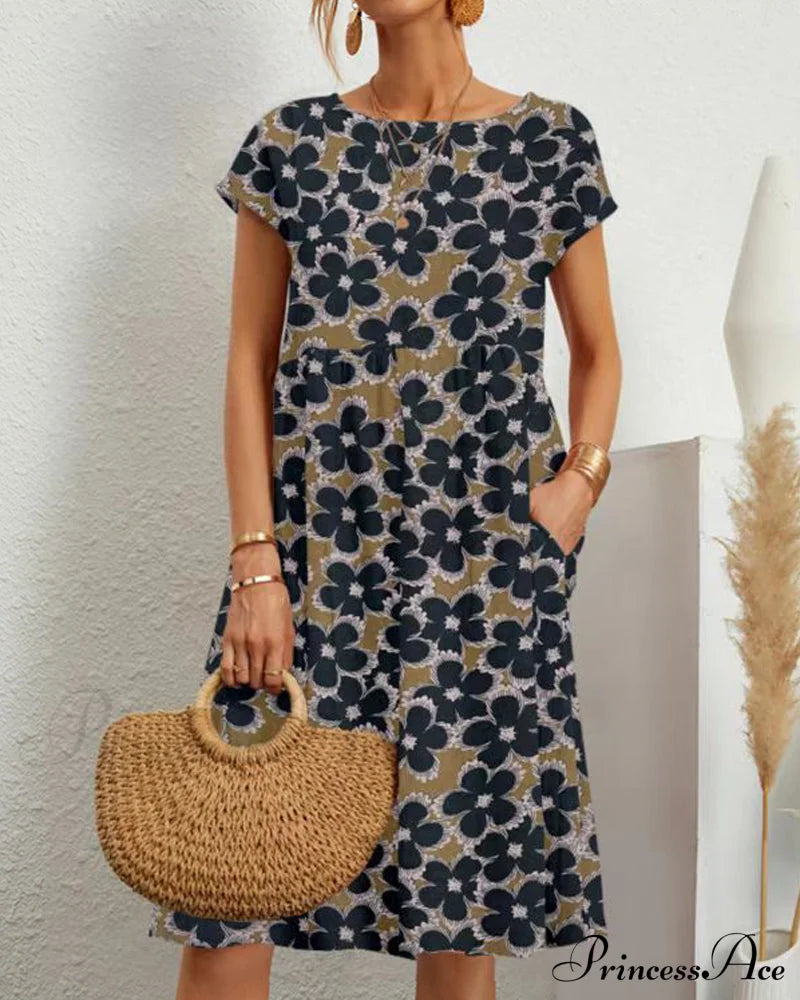 Floral Print Round Neck Dress Navy Blue 23BF Casual Dresses Clothes Dresses Spring Summer