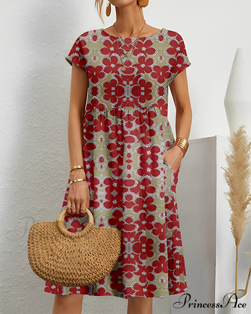 Floral Print Round Neck Dress Red 23BF Casual Dresses Clothes Dresses Spring Summer