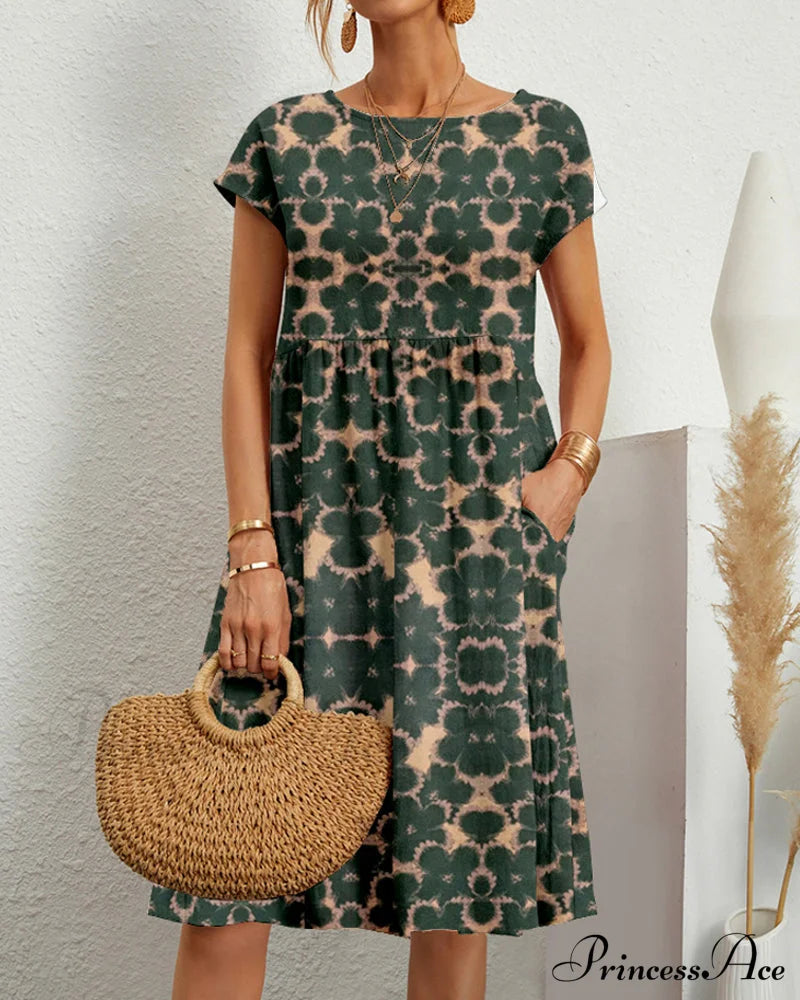 Floral Print Round Neck Dress Vert 23BF Casual Dresses Clothes Dresses Spring Summer