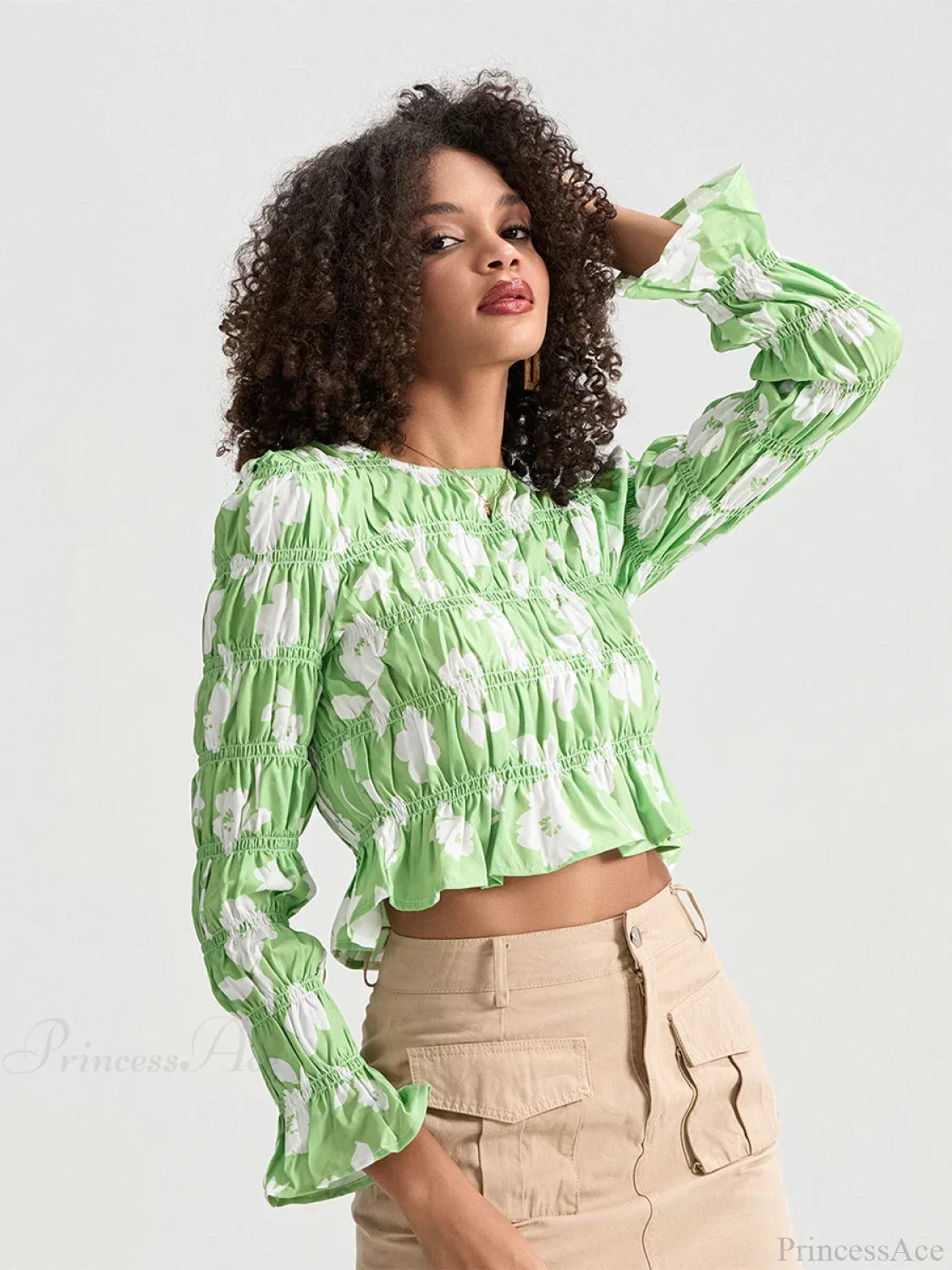 Floral Ruched Boat Neck Long Sleeve Crop T-shirt croptop-250126
