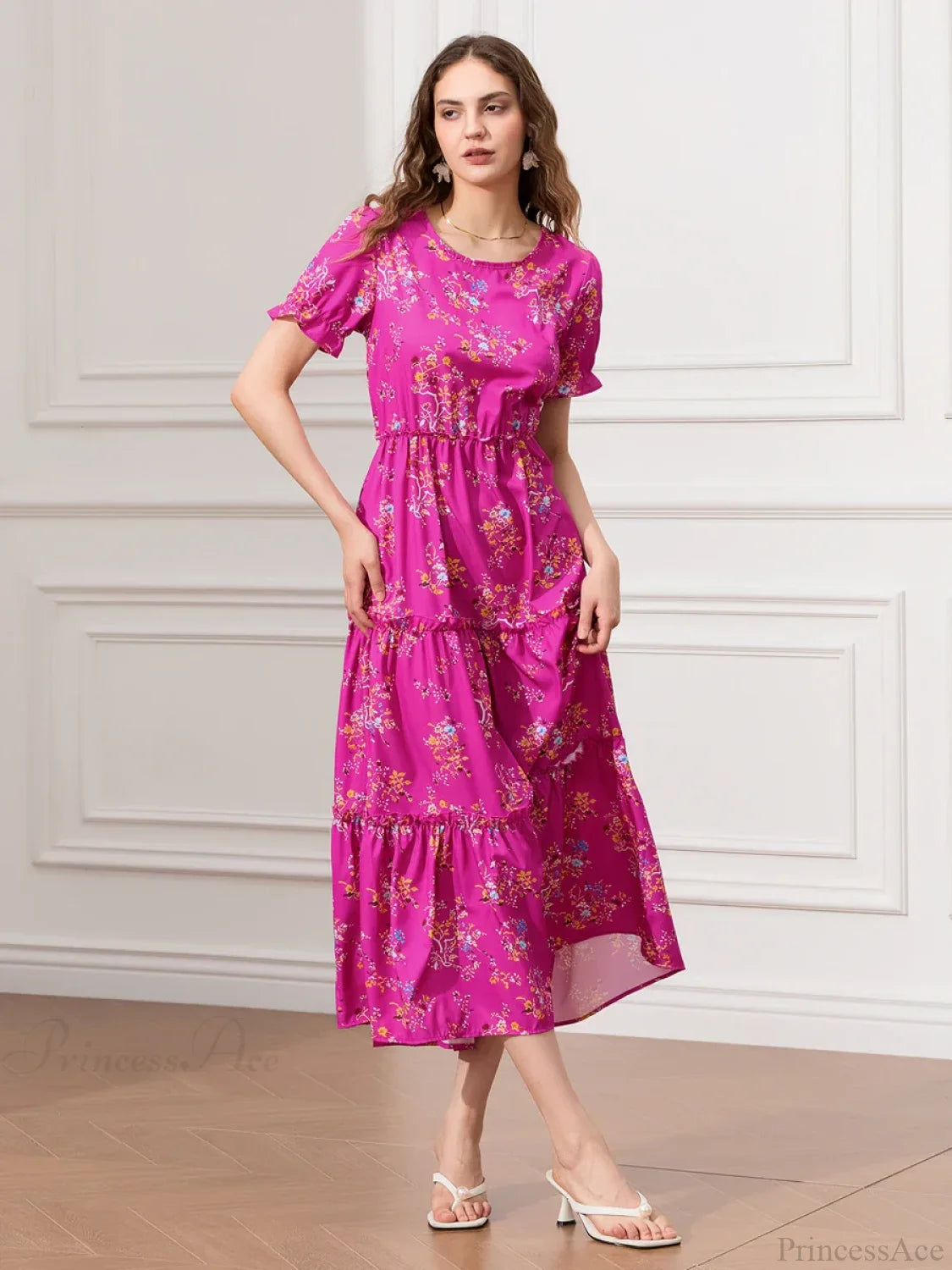Floral Ruched Tiered Puff Sleeve Pleated Flowy Long Floral Dress floraldress-250126
