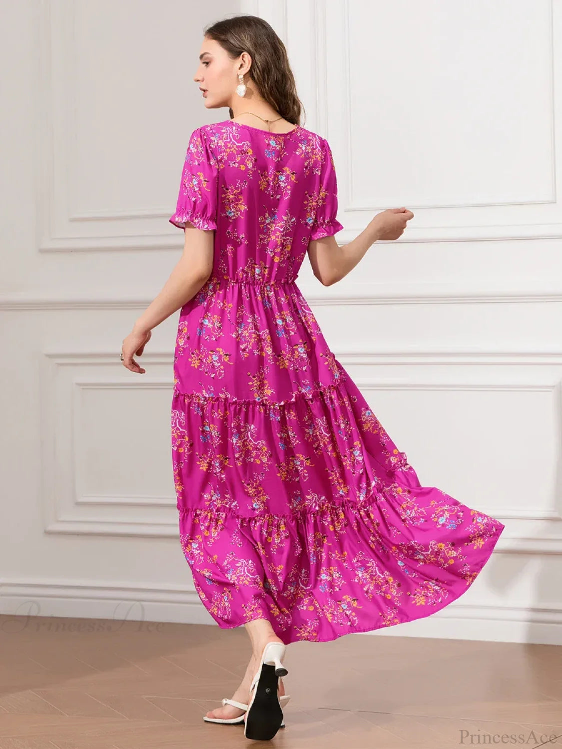 Floral Ruched Tiered Puff Sleeve Pleated Flowy Long Floral Dress floraldress-250126