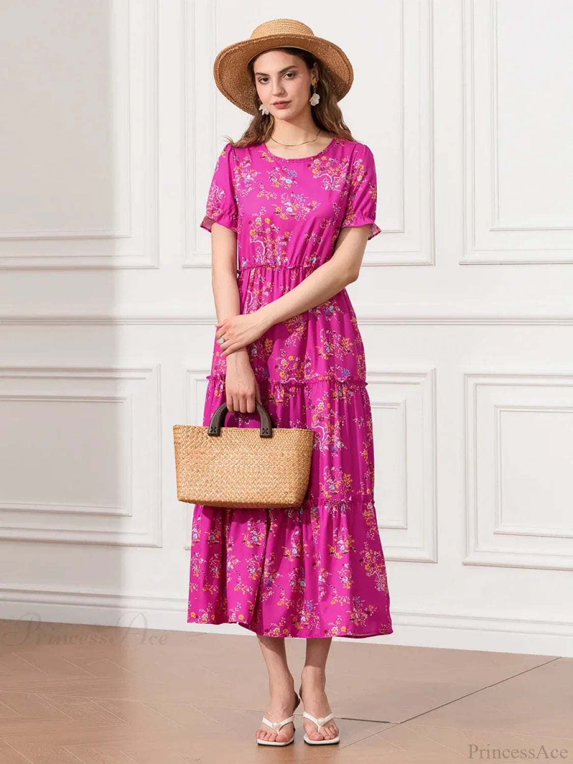 Floral Ruched Tiered Puff Sleeve Pleated Flowy Long Floral Dress floraldress-250126