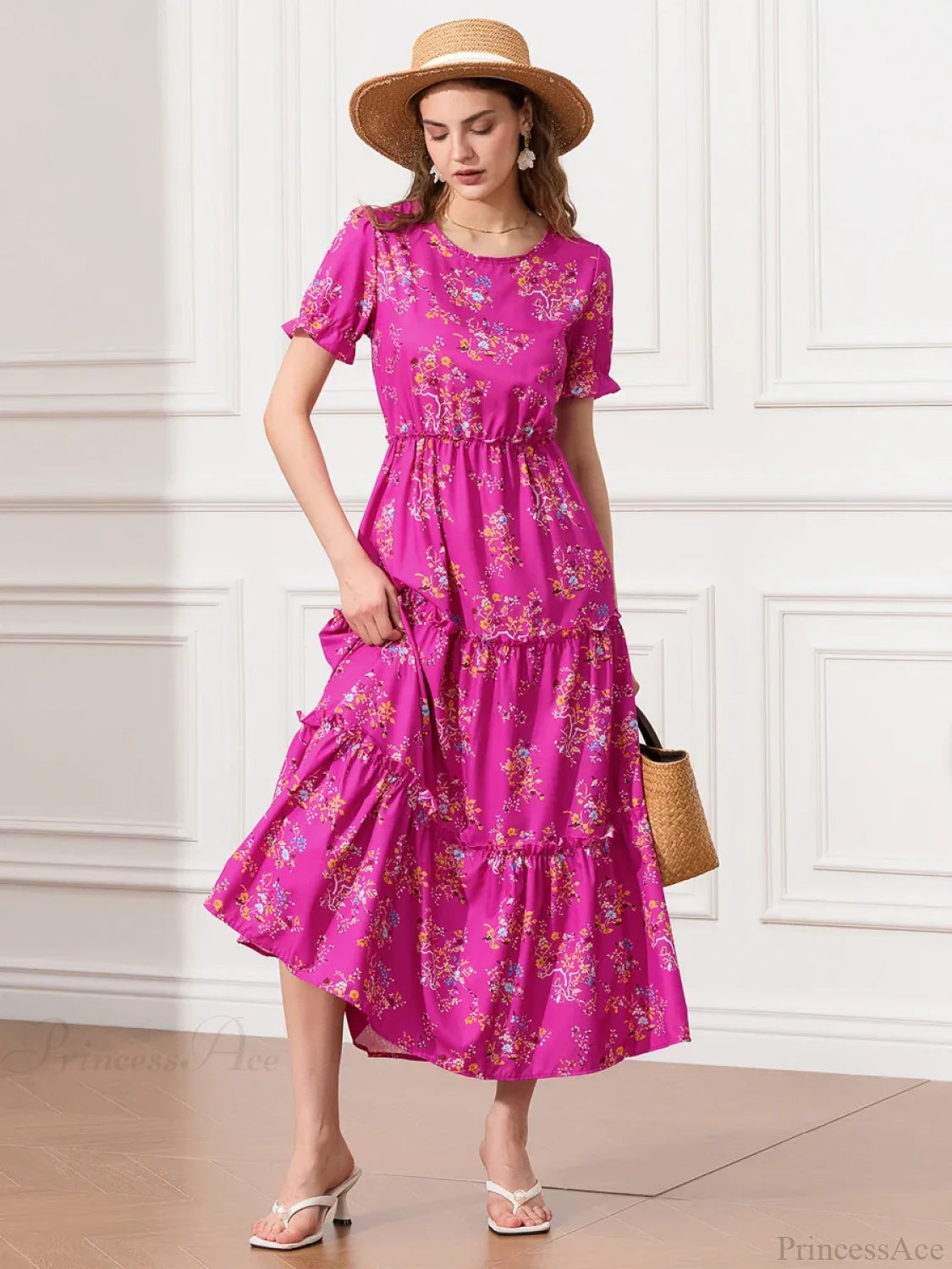 Floral Ruched Tiered Puff Sleeve Pleated Flowy Long Floral Dress floraldress-250126