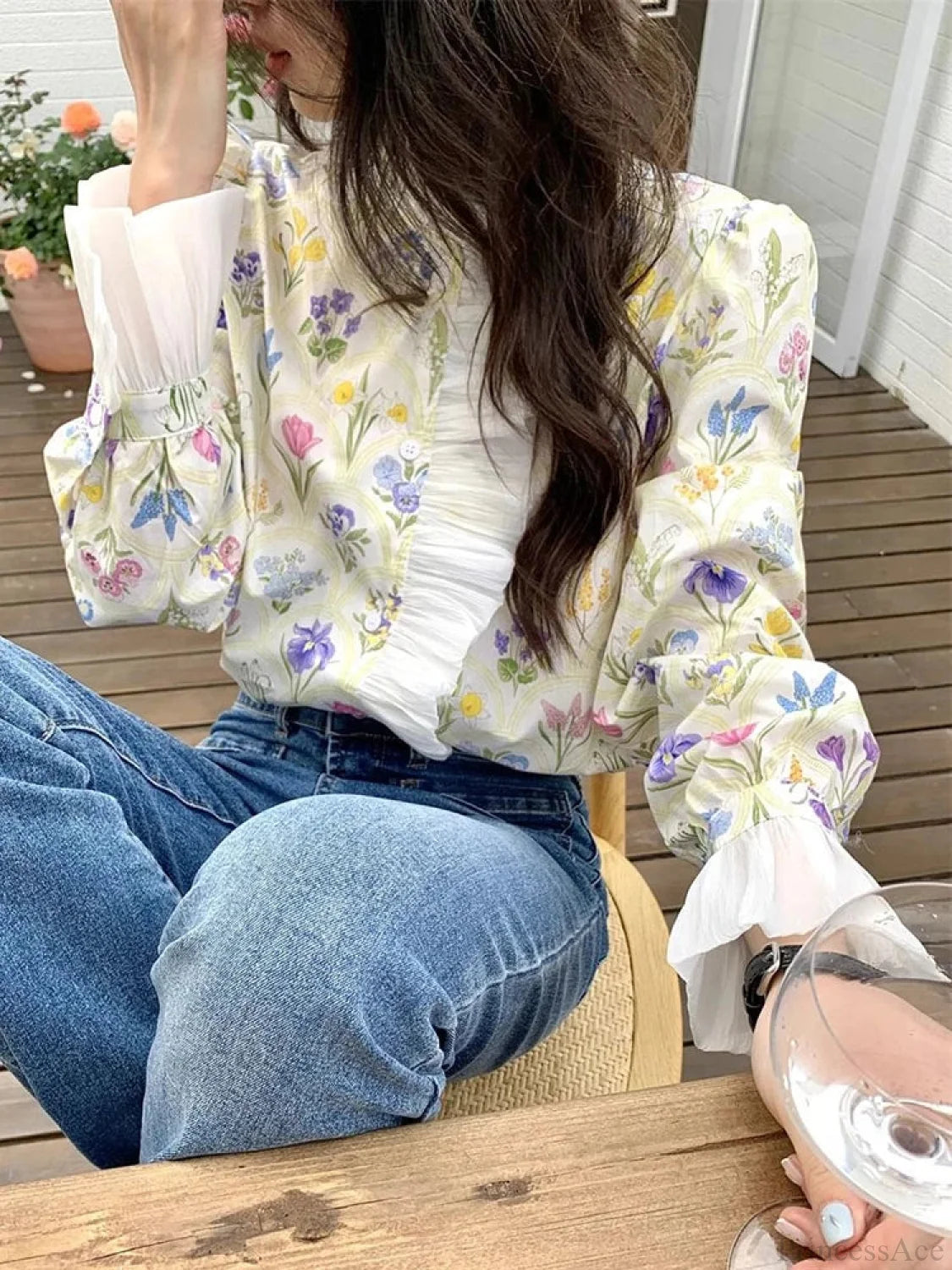 Floral Ruffled Flare Sleeve Blouse blouse-250223