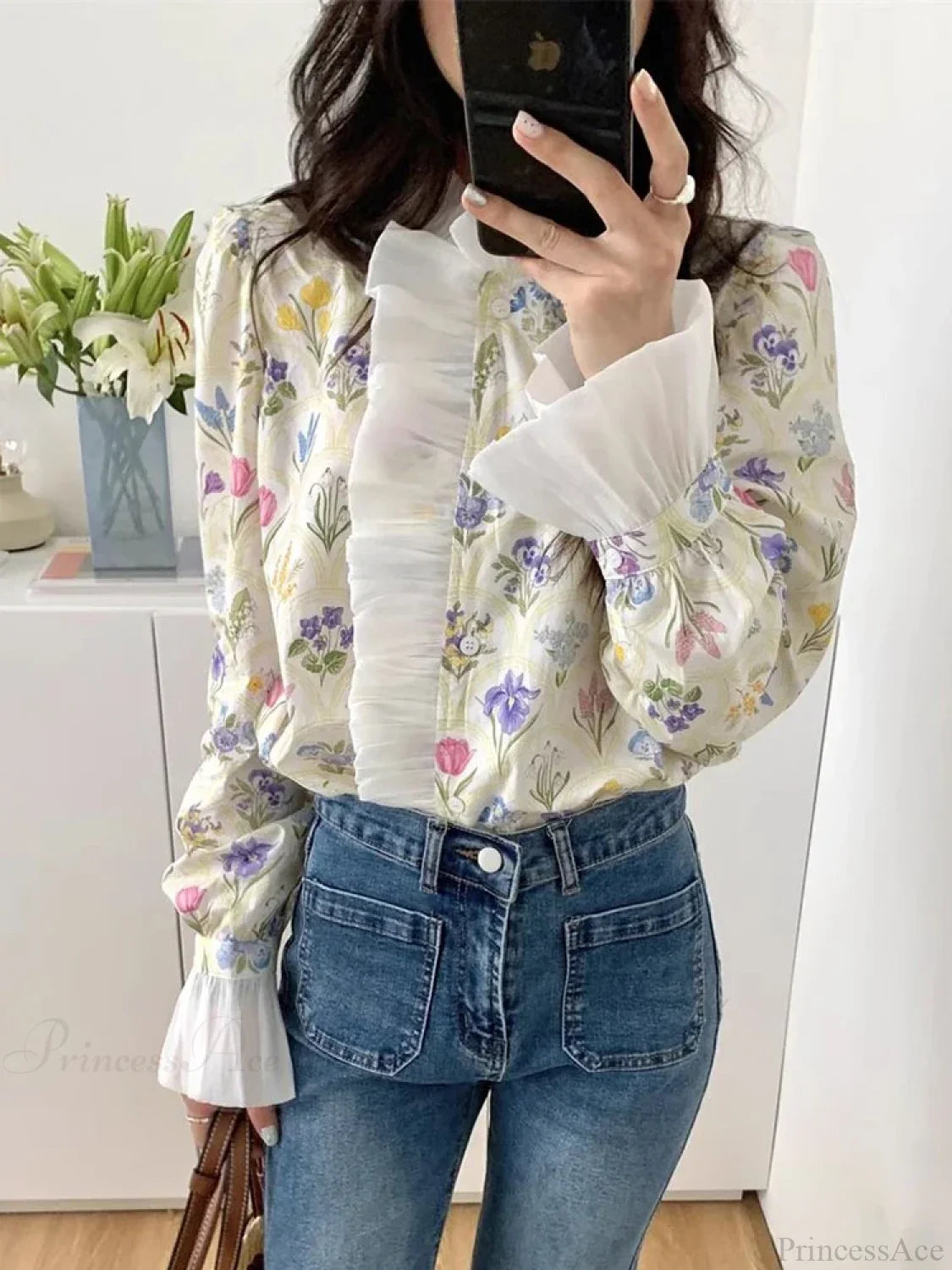 Floral Ruffled Flare Sleeve Blouse blouse-250223