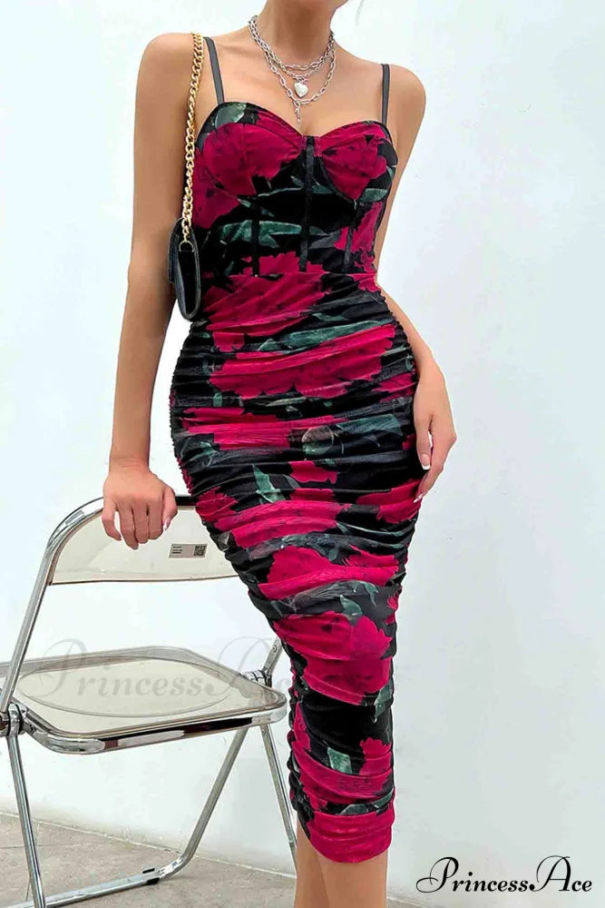 Floral Rushed Bodycon Cami Dress Maxi Dresses