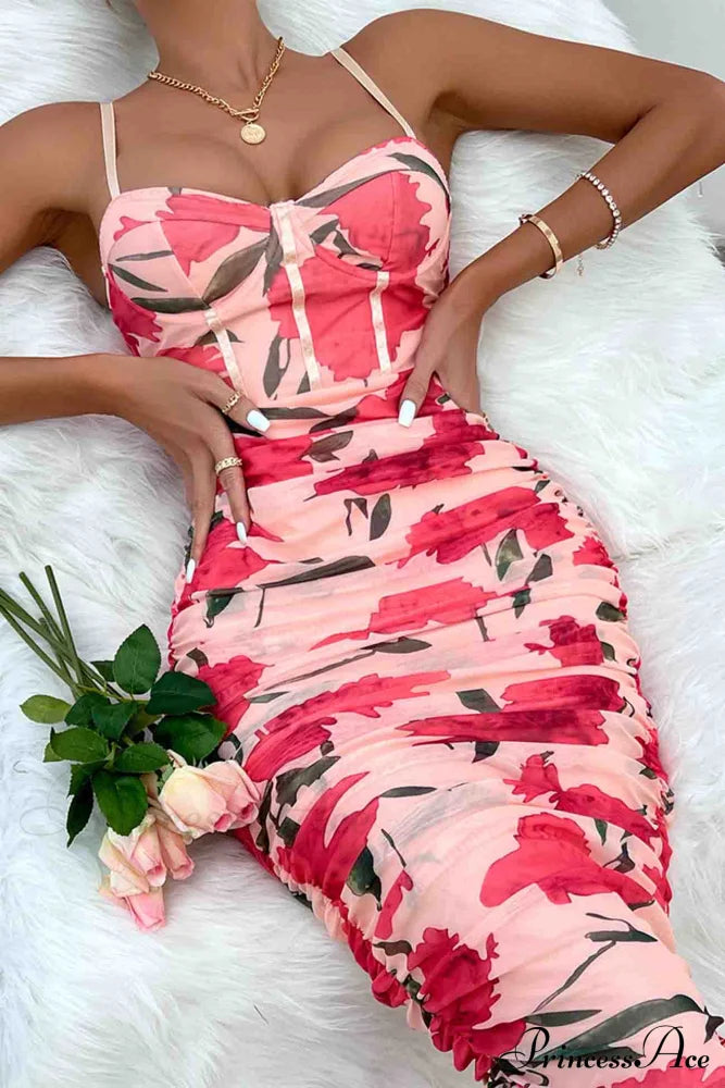 Floral Rushed Bodycon Cami Dress Pink / L Maxi Dresses