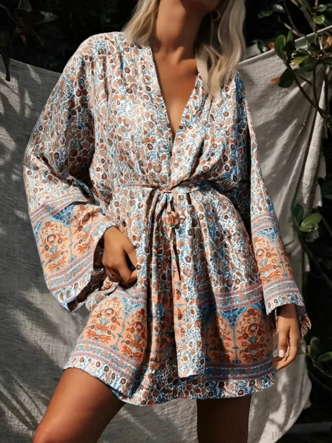 Floral Sashes Boho Kimono Bikini Cover-up Beige / S bohodress-250126