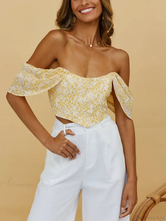 Floral Scooped Neck Off-Shoulder Zipper Back Fitted Crop Top Yellow / S croptop-250126