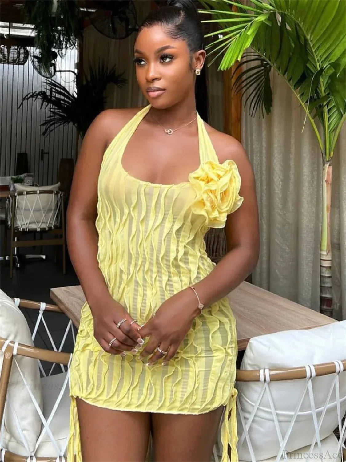 Floral See-Through Ruffled Mini Dress Yellow / S minidress-250223