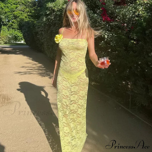 Floral Sheer Lace Maxi Dress Yellow / S