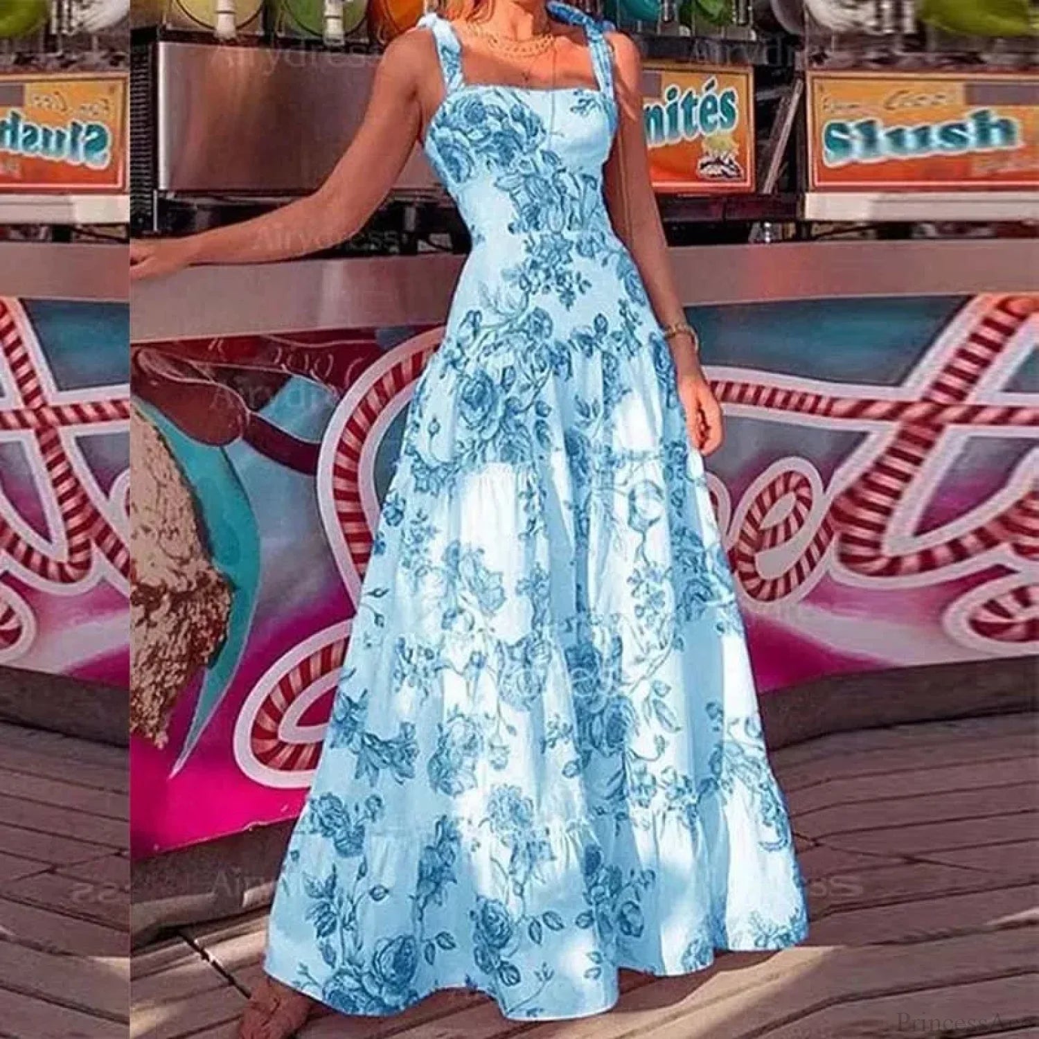 Floral Spaghetti Strap High Waist Maxi Dress Blue / S floraldress-250126