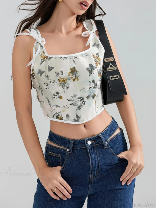 Floral Tie-back Vintage Corset Square Neck Crop Top Green / S croptop-250126
