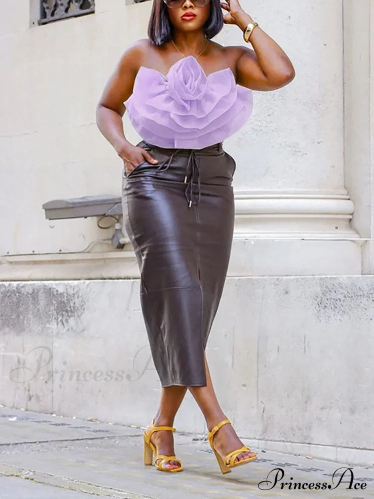 Floral Tie Strap Sheer Lace Mesh Sophisticated Scalloped Crop Tube Top - Lilac Purple / S Shirts &