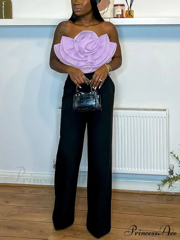 Floral Tie Strap Sheer Lace Mesh Sophisticated Scalloped Crop Tube Top - Lilac Shirts & Tops