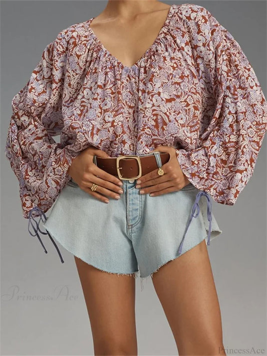 Floral Tie-Up Flare Sleeve Boho Blouse blouse-250223