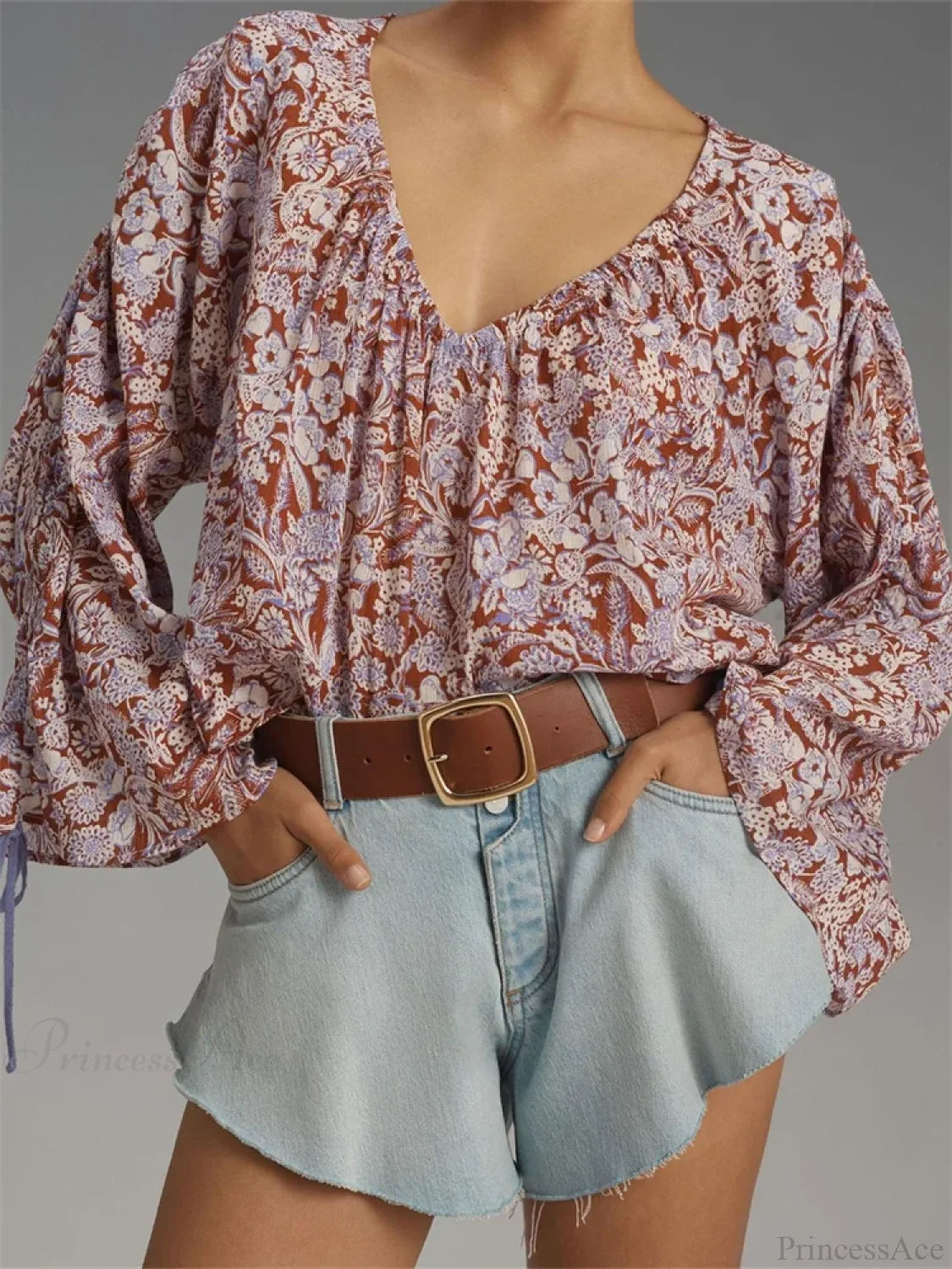 Floral Tie-Up Flare Sleeve Boho Blouse pink / S blouse-250223