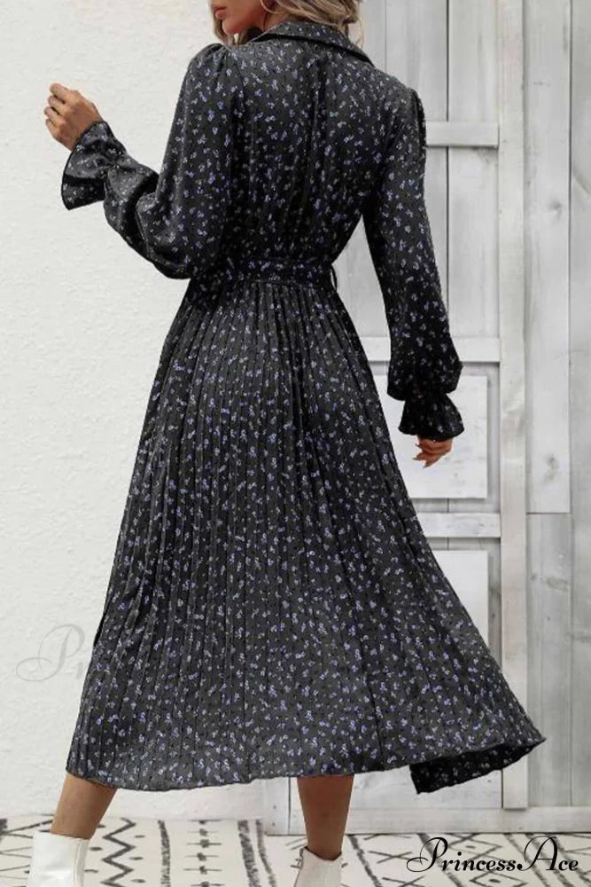 Floral Tie Waist Long Sleeve Pleated Midi Dress Black / L Dresses