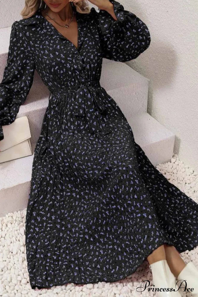 Floral Tie Waist Long Sleeve Pleated Midi Dress Black / M Dresses