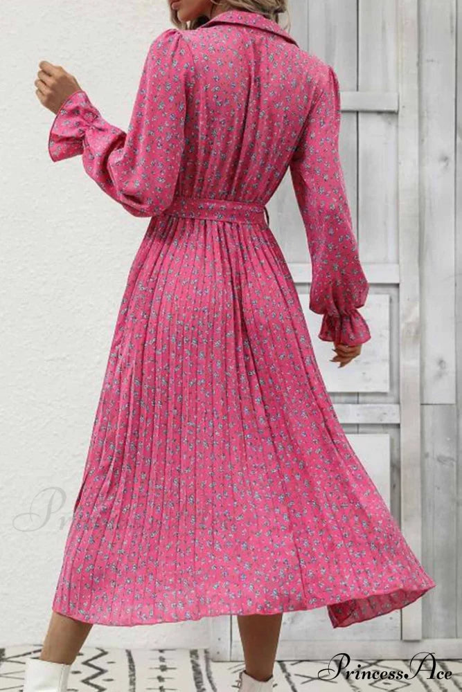 Floral Tie Waist Long Sleeve Pleated Midi Dress Dresses