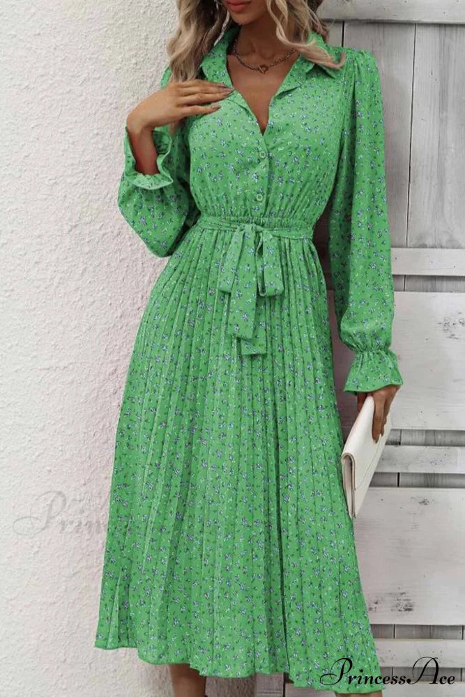 Floral Tie Waist Long Sleeve Pleated Midi Dress Green / L Dresses