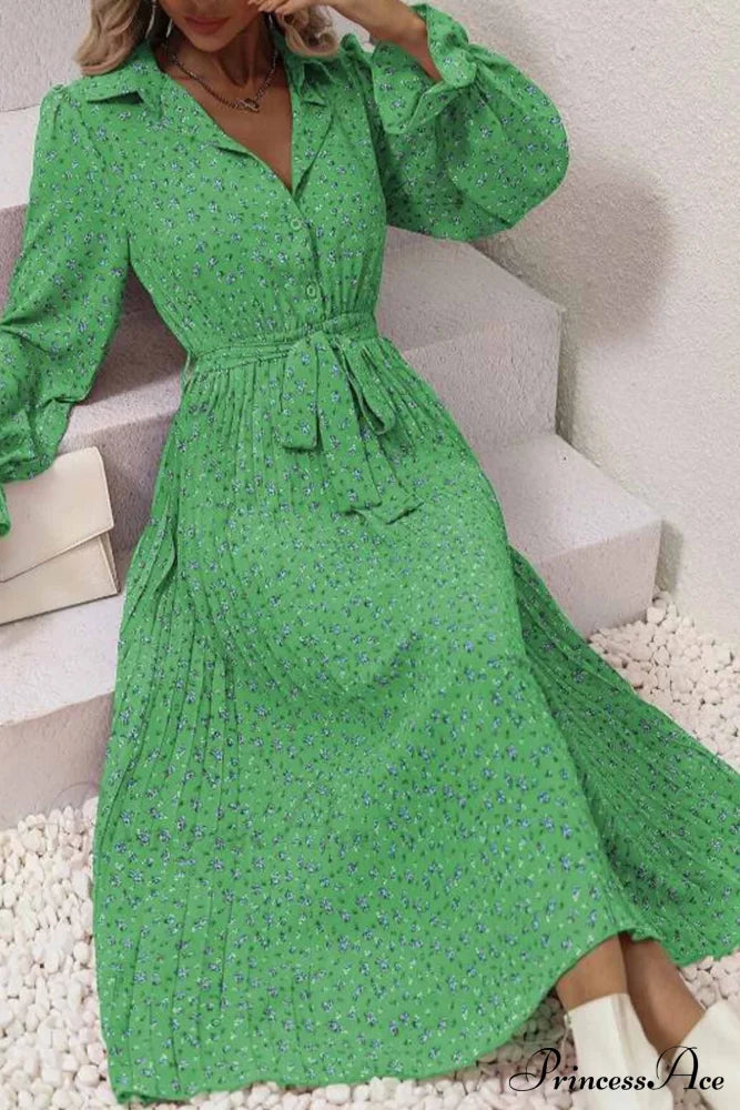 Floral Tie Waist Long Sleeve Pleated Midi Dress Green / M Dresses