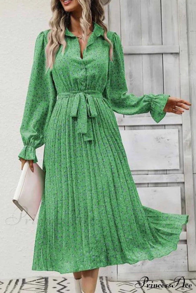 Floral Tie Waist Long Sleeve Pleated Midi Dress Green / S Dresses