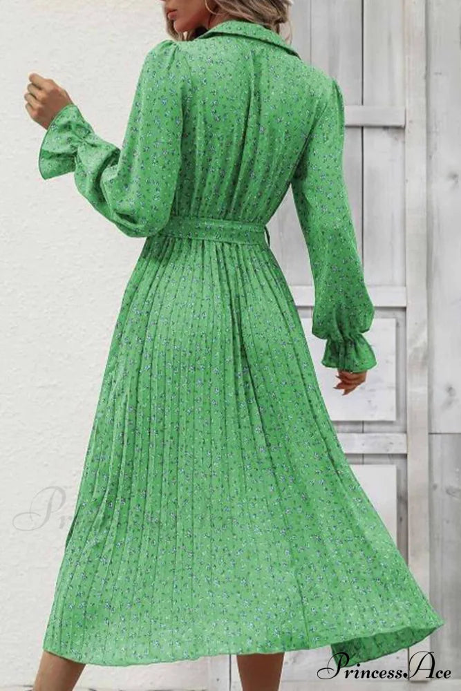 Floral Tie Waist Long Sleeve Pleated Midi Dress Green / Xl Dresses