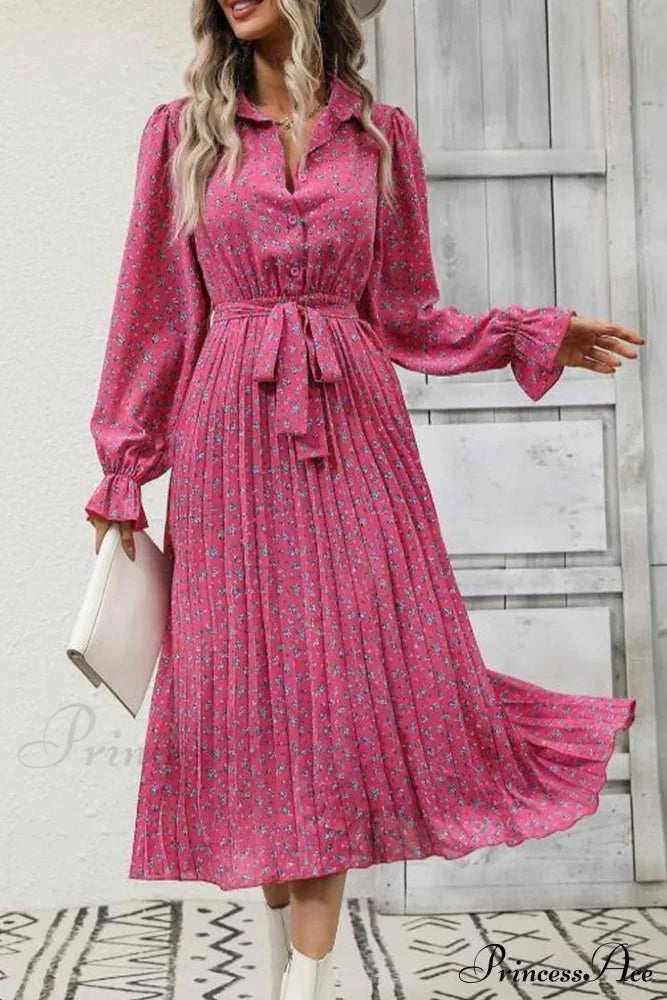 Floral Tie Waist Long Sleeve Pleated Midi Dress Rose / L Dresses