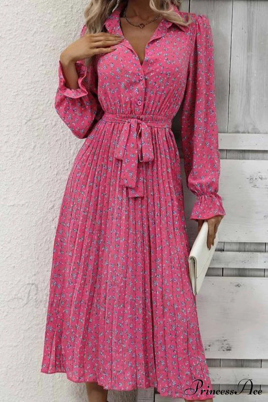 Floral Tie Waist Long Sleeve Pleated Midi Dress Rose / M Dresses