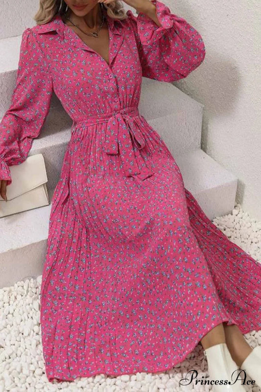 Floral Tie Waist Long Sleeve Pleated Midi Dress Rose / S Dresses