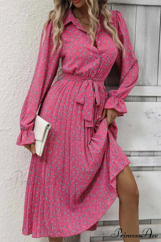 Floral Tie Waist Long Sleeve Pleated Midi Dress Rose / Xl Dresses