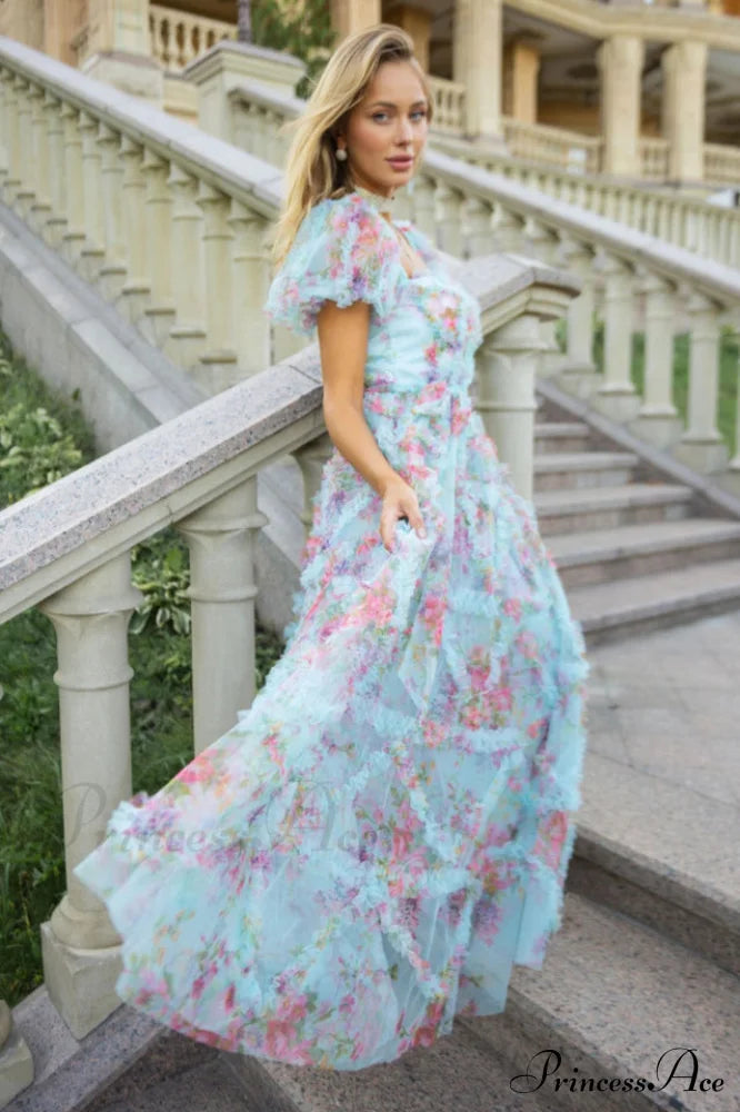 Floral Tulle Puff Sleeve Graceful Bow Tie Maxi Dress